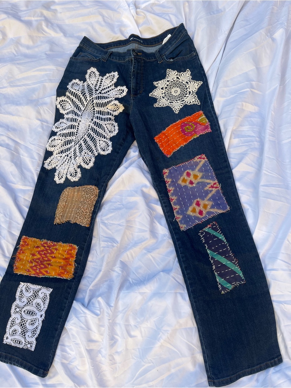 Lee OOAK Reworked Crochet Patchwork Jeans Boho Straight Dark Wash